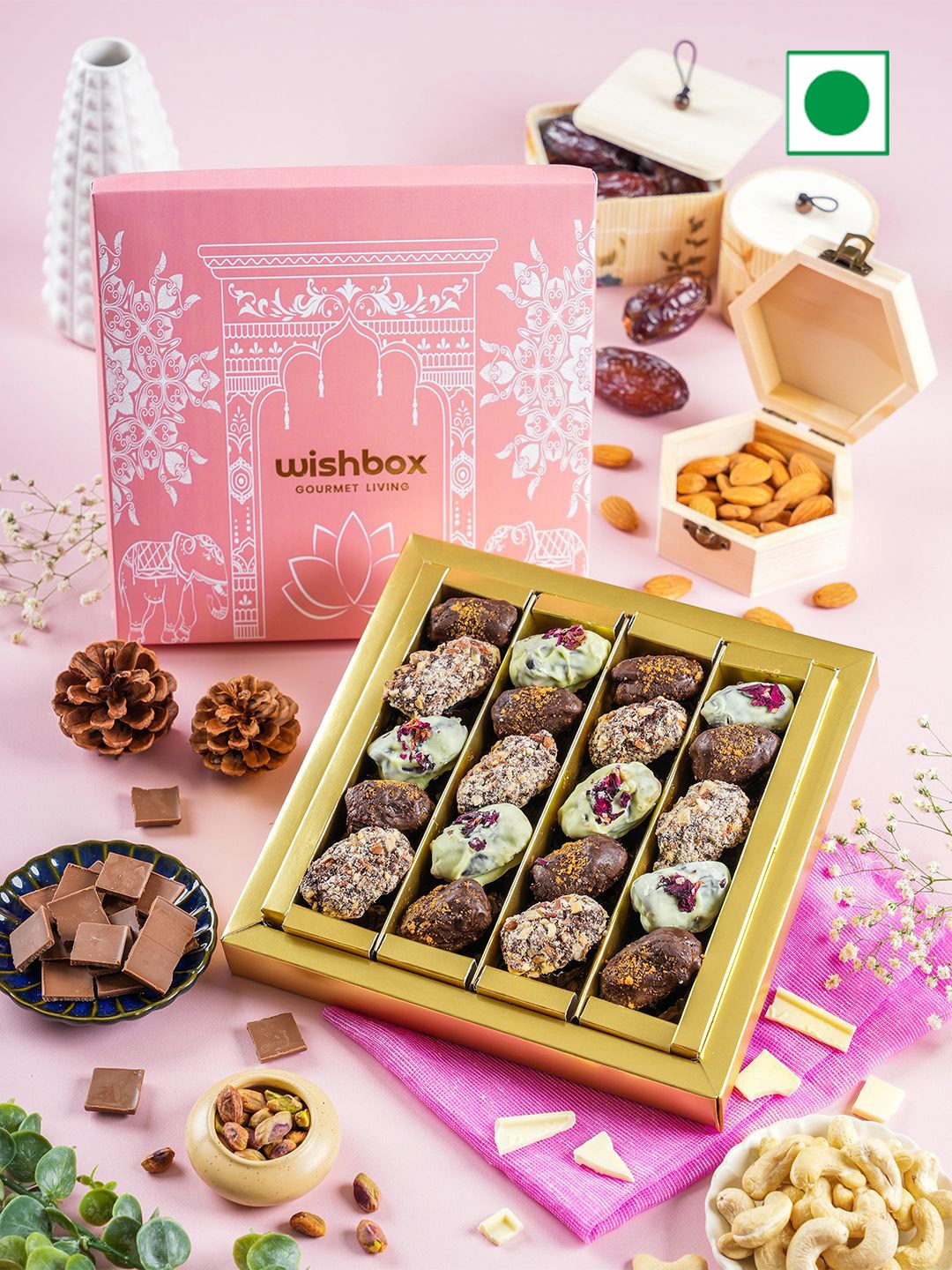 Wishbox Dates Coated With Chocolate & Stuffed With Paan, Lotus Biscoff & Almonds Box -500g, Brown
Wishbox Dates Coated With Chocolate & Stuffed With Paan, Lotus Biscoff & Almonds Box -500g, Brown