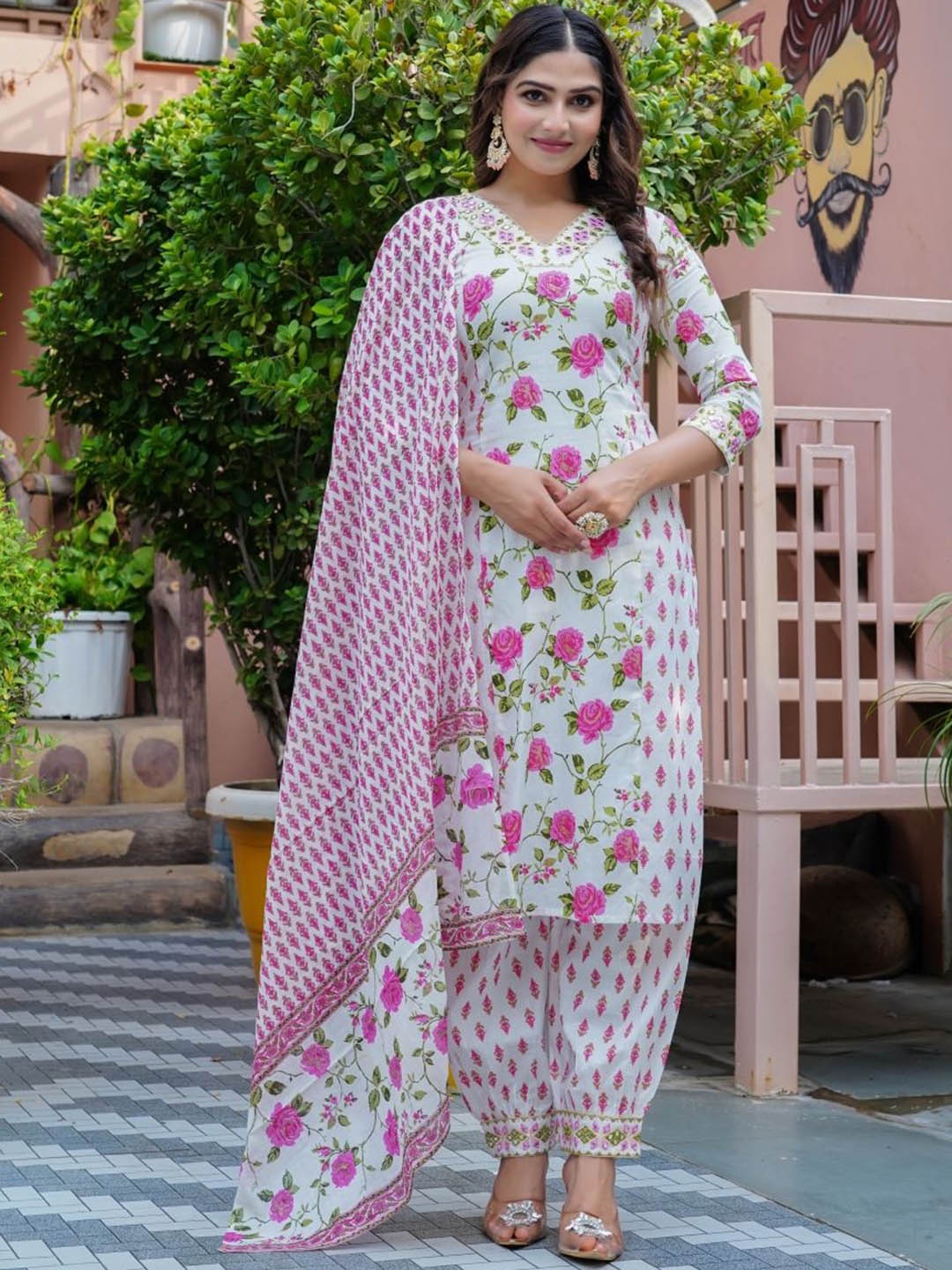 KALINI Women Floral Printed Angrakha Thread Work Pure Cotton Kurta with Palazzos & With Dupatta, Pink
KALINI Women Floral Printed Angrakha Thread Work Pure Cotton Kurta with Palazzos & With Dupatta, Pink