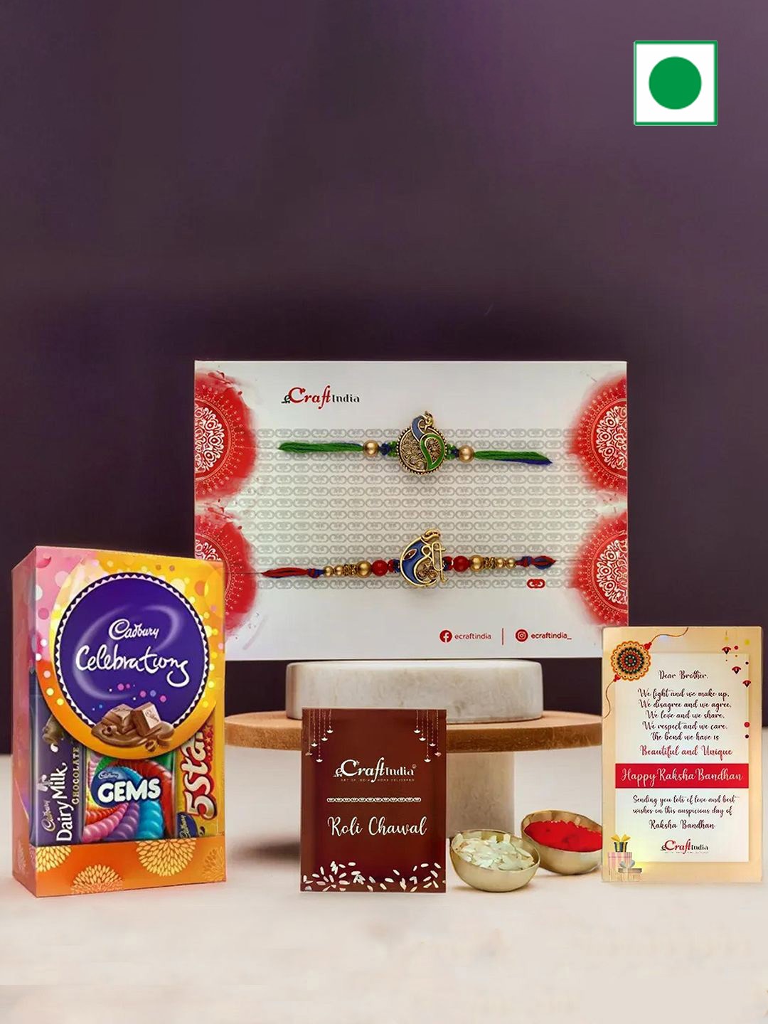 eCraftIndia Set Of 2 Stone-Studded Rakhi With Chocolate & Roli Rice With Greeting Card, Blue
eCraftIndia Set Of 2 Stone-Studded Rakhi With Chocolate & Roli Rice With Greeting Card, Blue