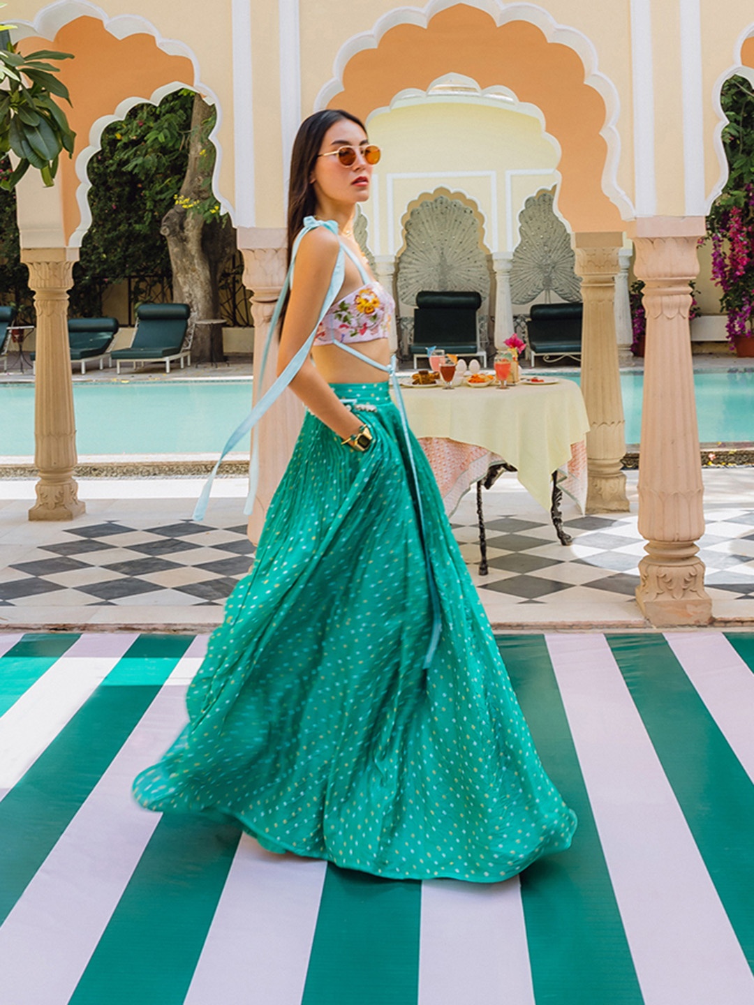 The Little Black Bow Embellished Silk Sequinned Made to Measure Lehenga & Blouse, Green
The Little Black Bow Embellished Silk Sequinned Made to Measure Lehenga & Blouse, Green