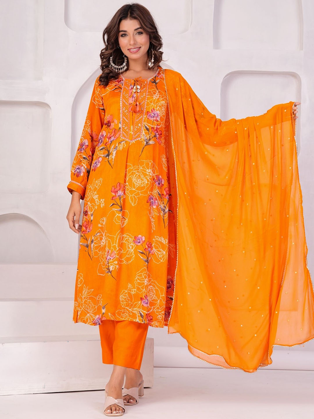 KALINI Floral Printed Tie Up Neck Beads and Stones Kurta with Trousers & Dupatta, Yellow
KALINI Floral Printed Tie Up Neck Beads and Stones Kurta with Trousers & Dupatta, Yellow