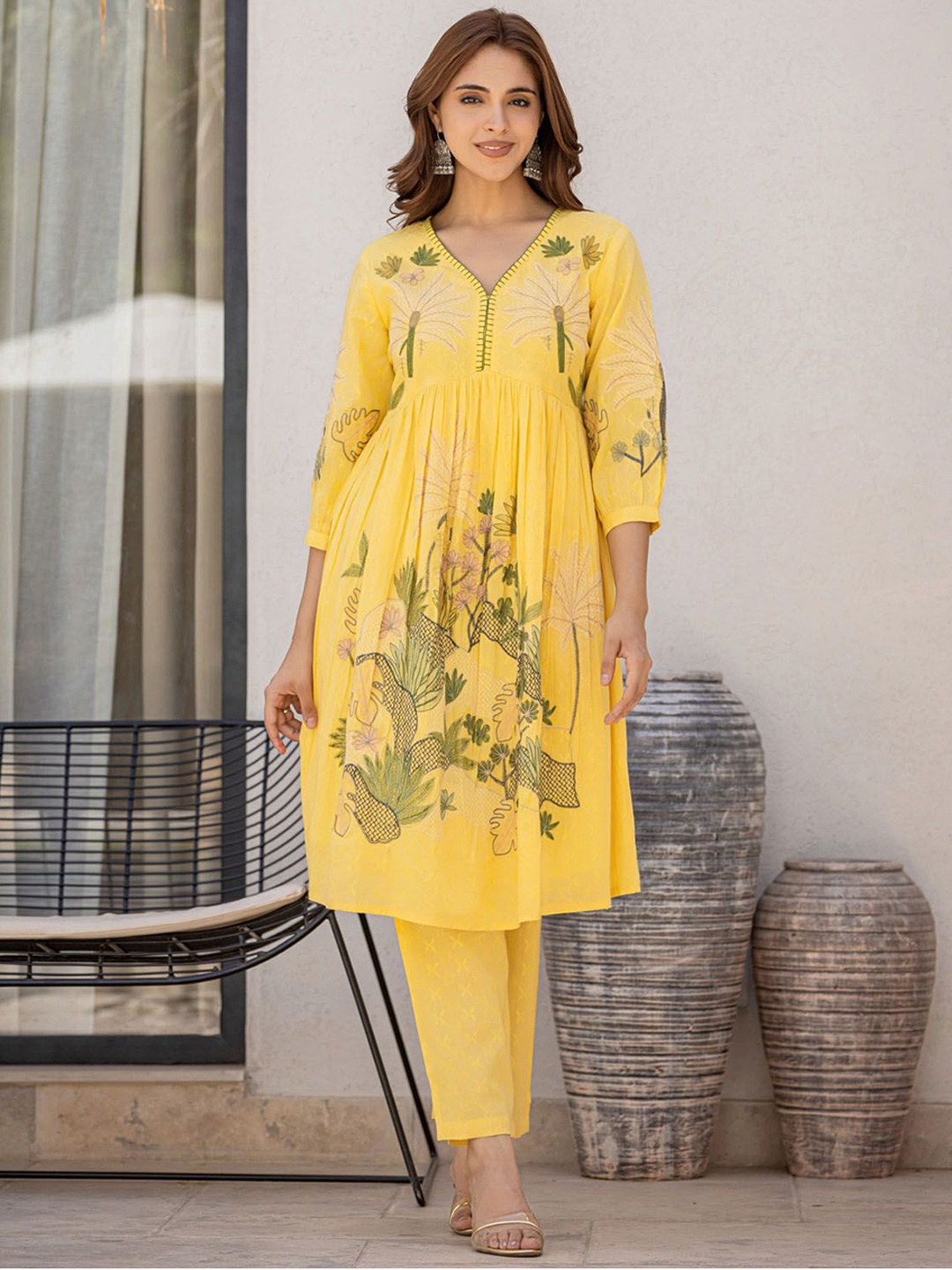 FASHION DWAR Floral Embroidered Pleated Pure Cotton Anarkali Kurta With Trousers, Yellow
FASHION DWAR Floral Embroidered Pleated Pure Cotton Anarkali Kurta With Trousers, Yellow