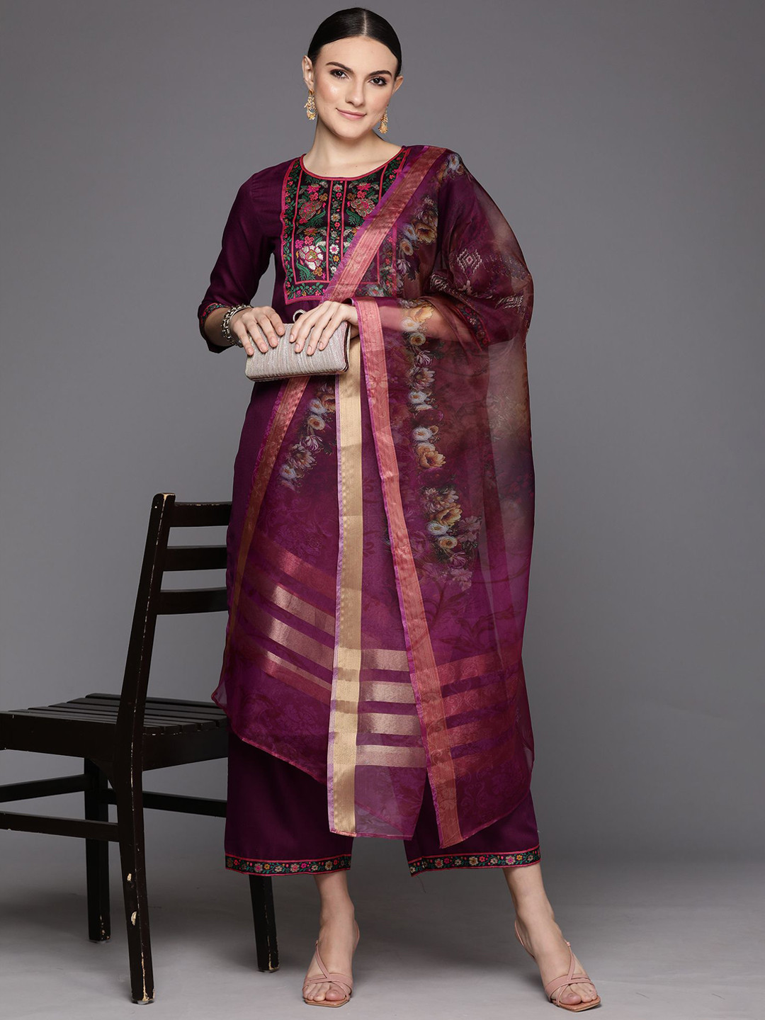 Indo Era Ethnic Motifs Yoke Design Straight Thread Work Kurta with Palazzos & Dupatta, Burgundy
Indo Era Ethnic Motifs Yoke Design Straight Thread Work Kurta with Palazzos & Dupatta, Burgundy