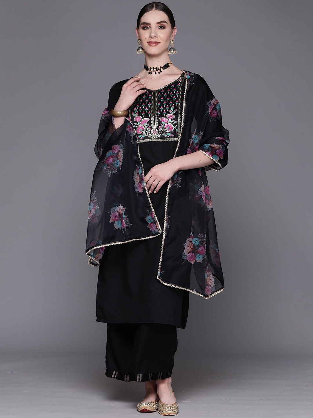 Indo Era Floral Embroidered Pure Cotton Straight Kurta With Palazzos & Dupatta, Black
Indo Era Floral Embroidered Pure Cotton Straight Kurta With Palazzos & Dupatta, Black
