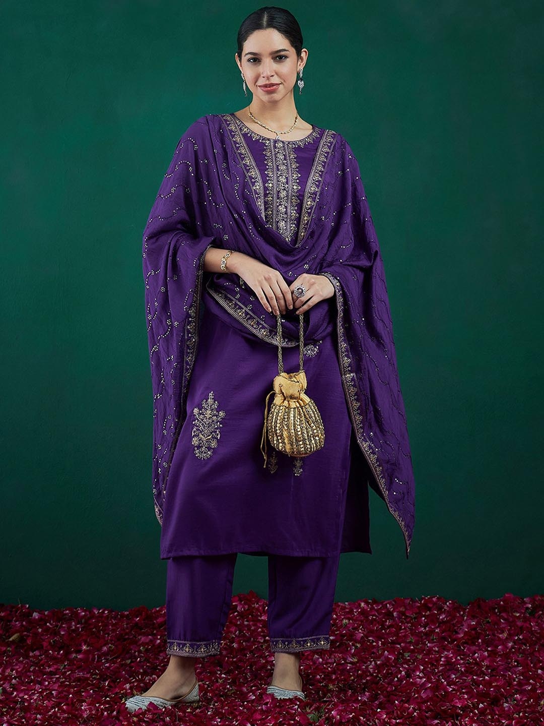 Indo Era Ethnic Motifs Embroidered Zari Straight Kurta With Trousers & Dupatta, Purple
Indo Era Ethnic Motifs Embroidered Zari Straight Kurta With Trousers & Dupatta, Purple