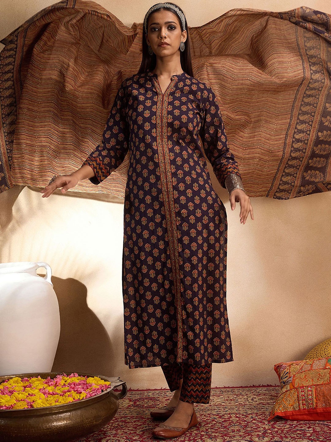 Indo Era Ethnic Motifs Printed Straight Pure Cotton Kurta with Trousers & Dupatta, Blue
Indo Era Ethnic Motifs Printed Straight Pure Cotton Kurta with Trousers & Dupatta, Blue