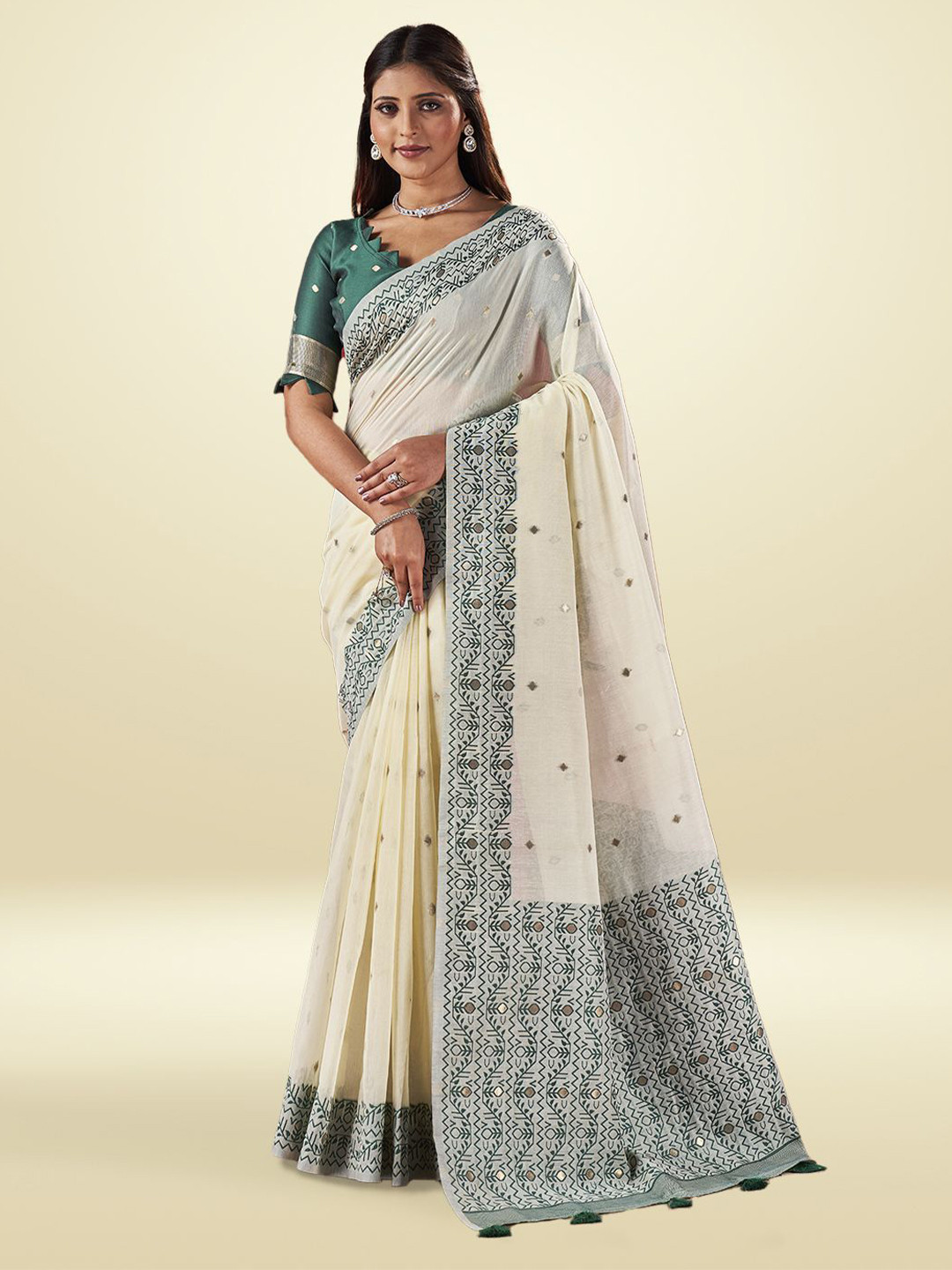 Aura Floral Pure Cotton Saree, White 
Aura Floral Pure Cotton Saree, White
