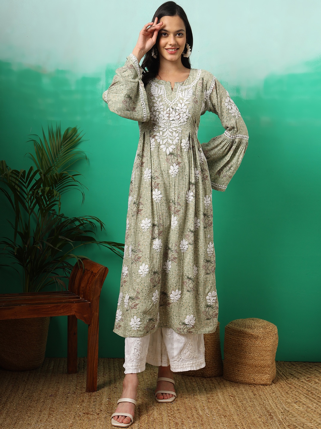 The Chikan Label Floral Printed Chikankari Organic Cotton Pleated A-Line Kurta, Olive
The Chikan Label Floral Printed Chikankari Organic Cotton Pleated A-Line Kurta, Olive
