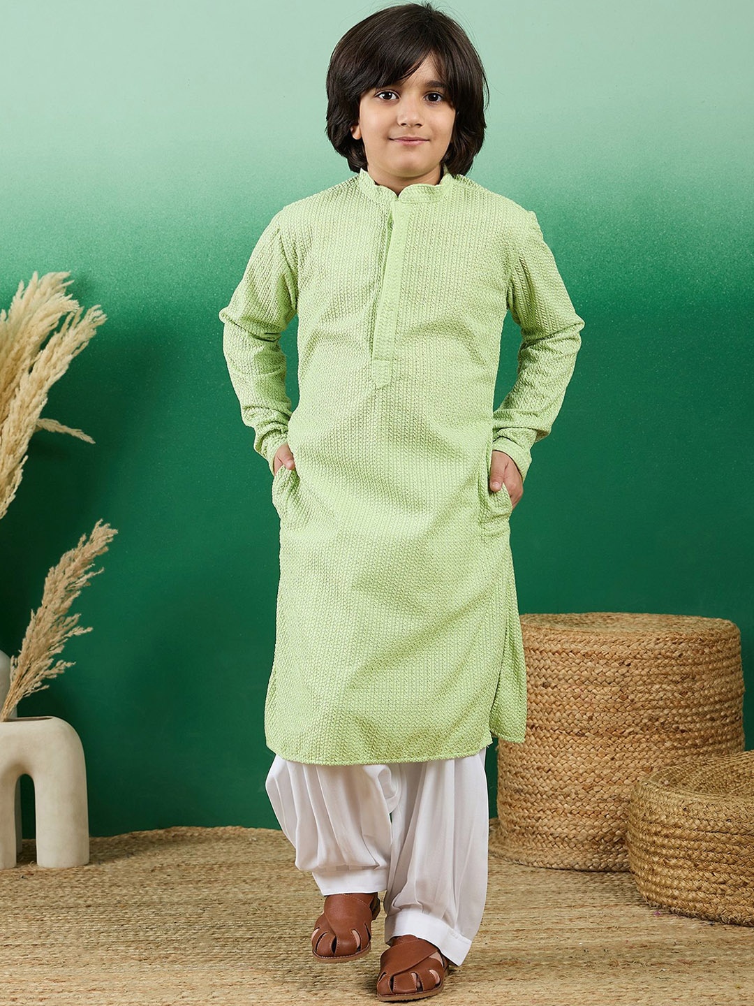 Sangria Boys Fluorescent Green Textured Self Design Mandarin Collar Kurta With Salwar
Sangria Boys Fluorescent Green Textured Self Design Mandarin Collar Kurta With Salwar