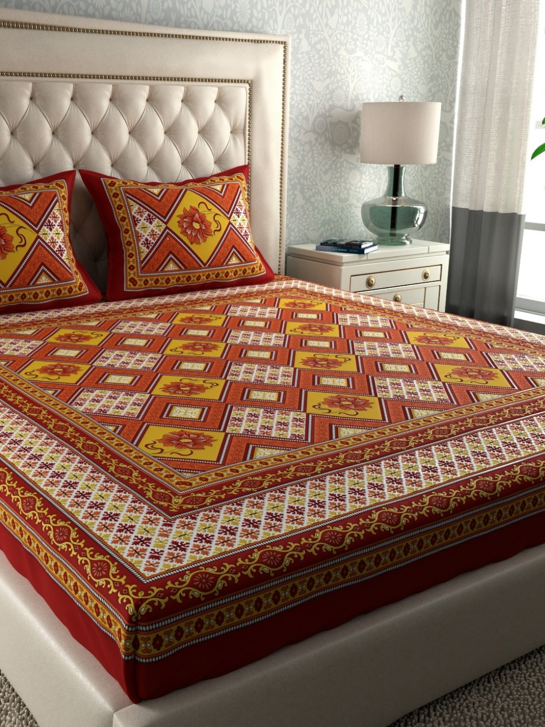 LA VERNE Maroon & Yellow Geometric 144 TC Cotton Queen Bedsheet With 2 Pillow Covers
LA VERNE Maroon & Yellow Geometric 144 TC Cotton Queen Bedsheet With 2 Pillow Covers