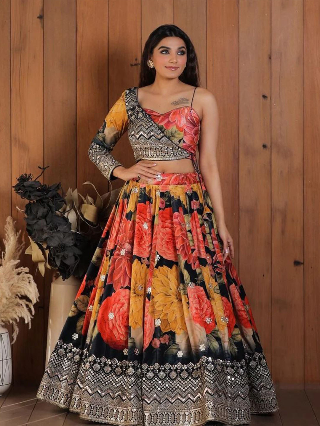 KALINI Embroidered Sequinned Silk Ready to Wear Lehenga & Blouse With Dupatta, Black 
KALINI Embroidered Sequinned Silk Ready to Wear Lehenga & Blouse With Dupatta, Black