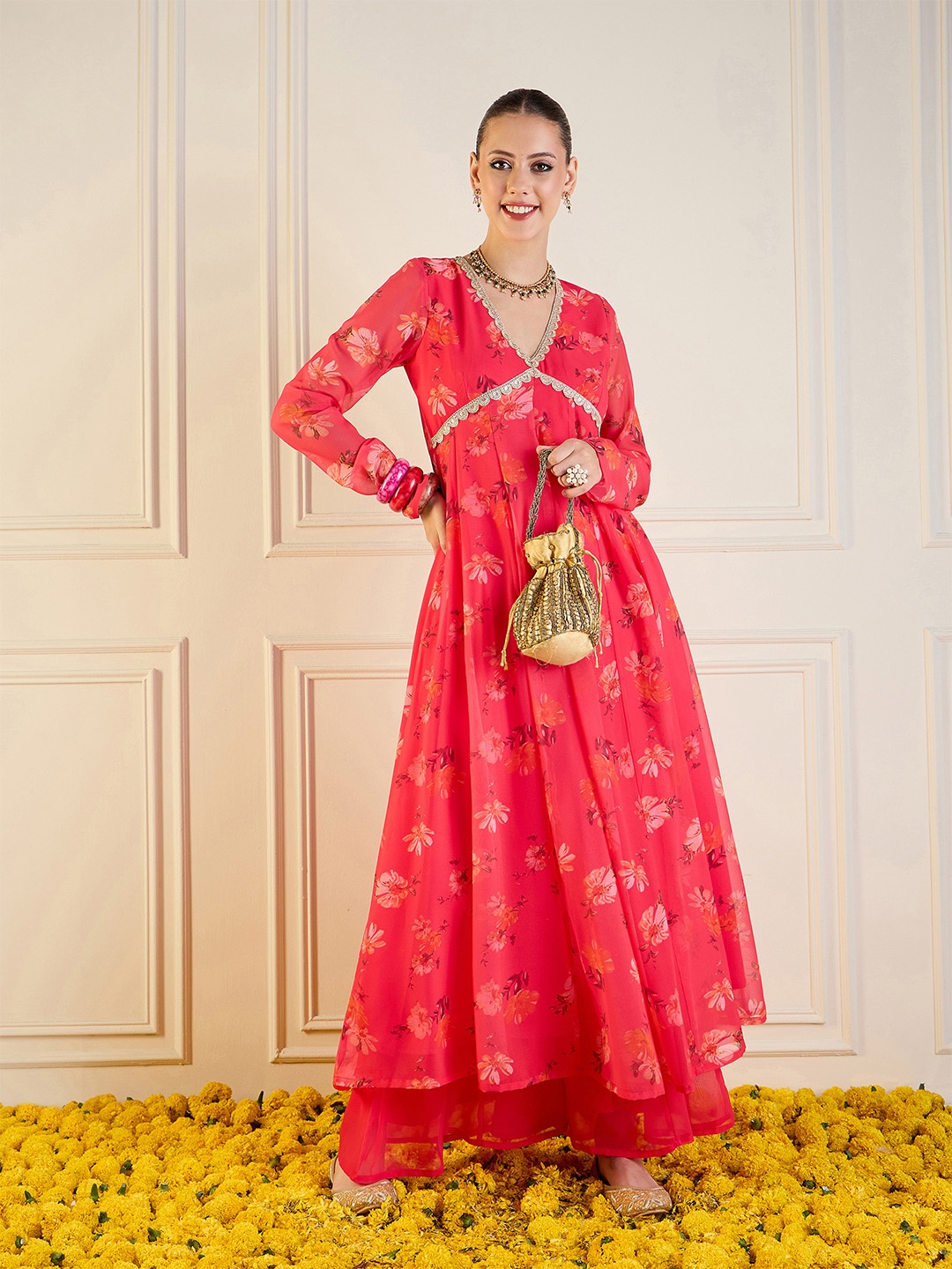 Women Floral Printed Flared Sleeves Mirror Work Indie Florals Georgette Anarkali Kurta, Fuchsia
Women Floral Printed Flared Sleeves Mirror Work Indie Florals Georgette Anarkali Kurta, Fuchsia