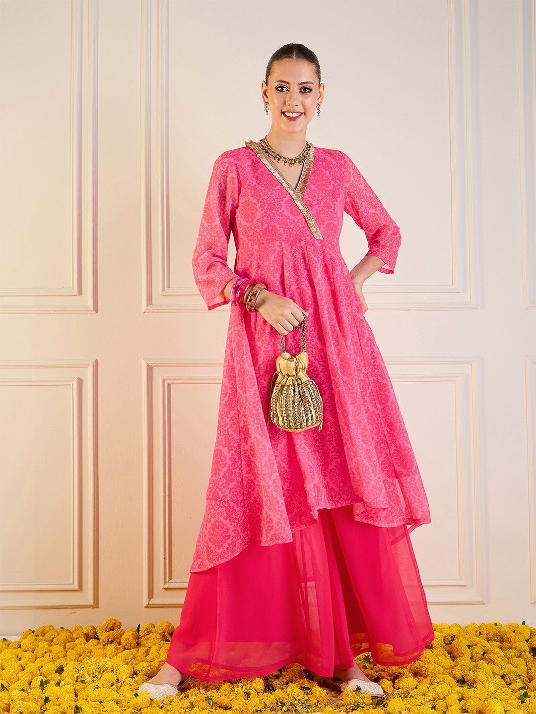 Shae by SASSAFRAS Women Striped Mirror Work Indie Florals Georgette Anarkali Kurta, Pink
Shae by SASSAFRAS Women Striped Mirror Work Indie Florals Georgette Anarkali Kurta, Pink