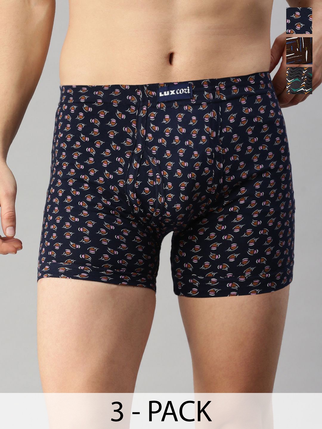 Lux Cozi Pack Of 3 Pure Cotton Printed Trunks COZI_BIGSHOT_LONGS_PRINT_IE_ASST1_3PC, Brown
Lux Cozi Pack Of 3 Pure Cotton Printed Trunks COZI_BIGSHOT_LONGS_PRINT_IE_ASST1_3PC, Brown