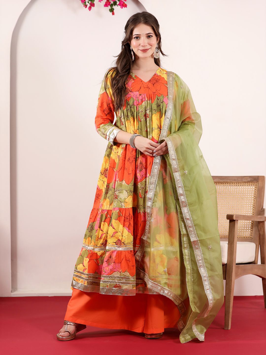 Janasya Floral Printed Pure Cotton Gotta Patti Anarkali Kurta With Palazzos & Dupatta, Red
Janasya Floral Printed Pure Cotton Gotta Patti Anarkali Kurta With Palazzos & Dupatta, Red
