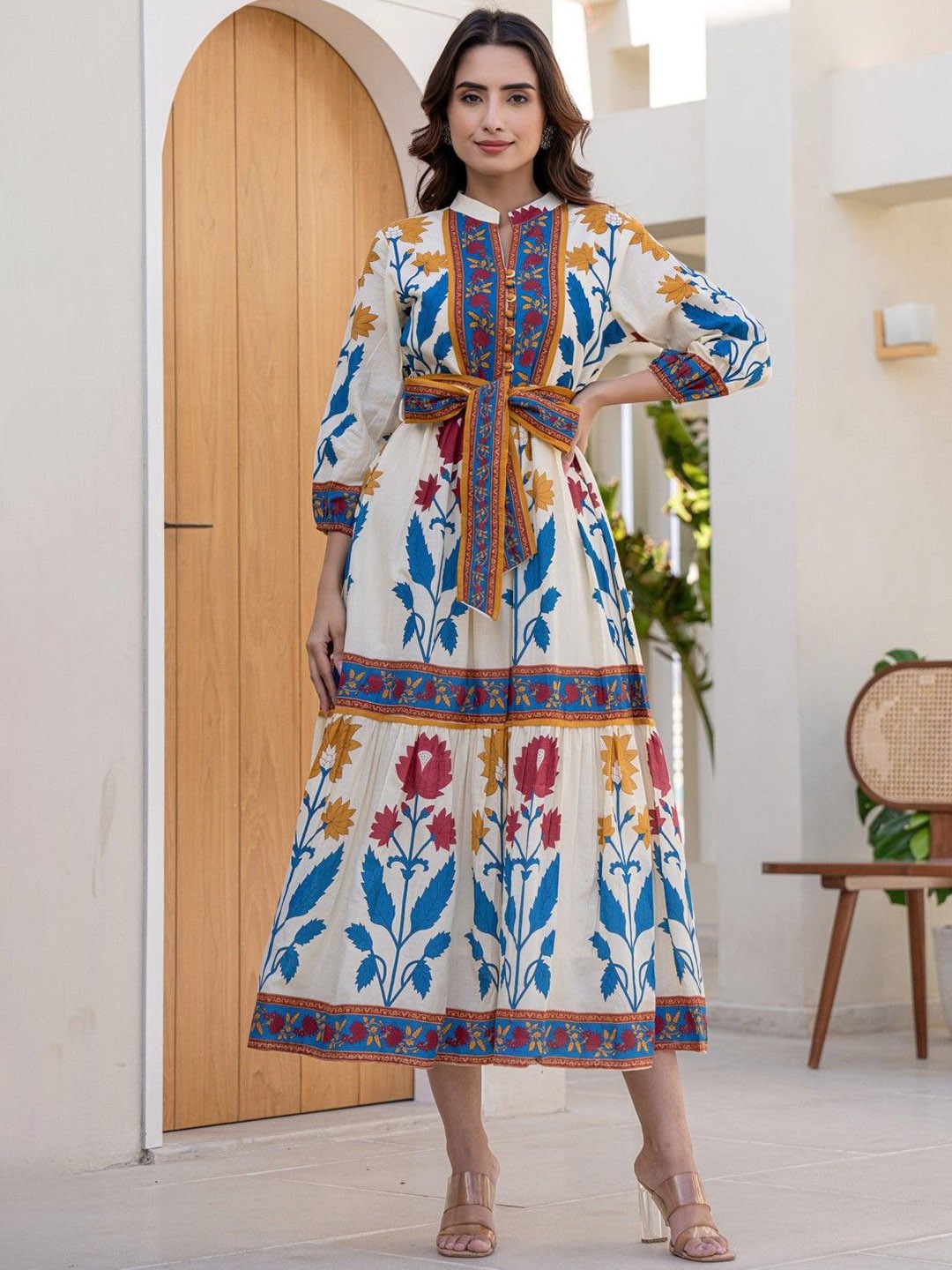 AUTUMN LANE Printed Mandarin Collar Cuffed Sleeves Cotton Fit & Flared Maxi Ethnic Dresses, White
AUTUMN LANE Printed Mandarin Collar Cuffed Sleeves Cotton Fit & Flared Maxi Ethnic Dresses, White