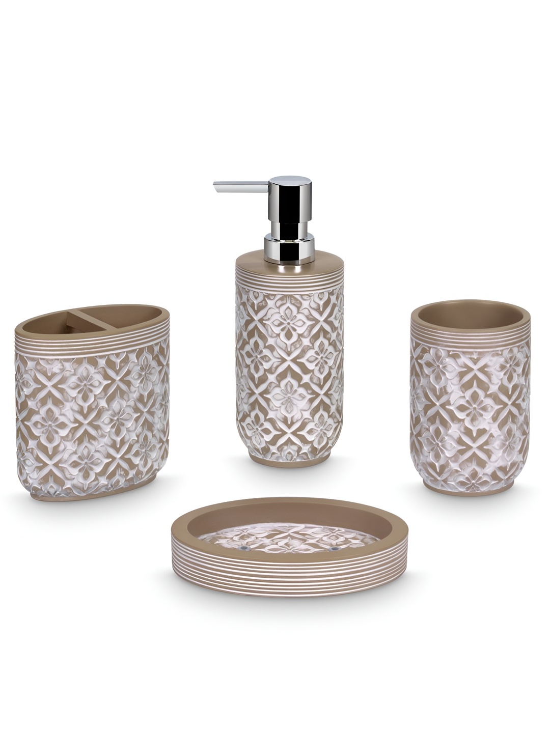 Freelance Soho Brown & White 4 Pieces Ethnic Motifs Printed Matte Bath Accessories Set
Freelance Soho Brown & White 4 Pieces Ethnic Motifs Printed Matte Bath Accessories Set