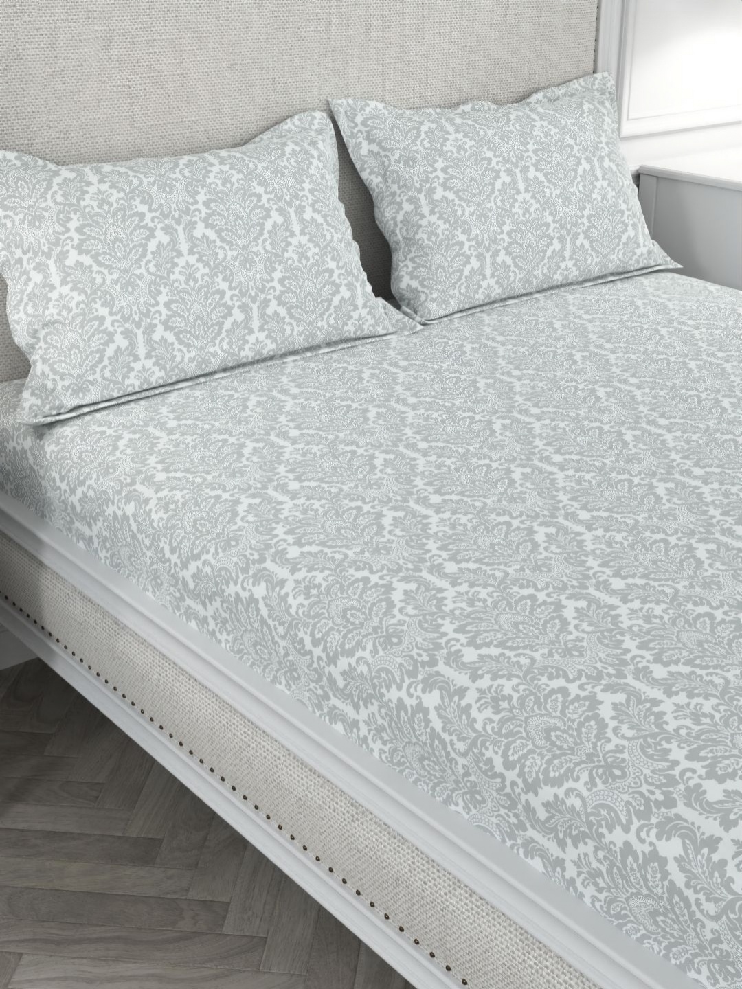 Myntra Elegant Homes Grey & White Floral Cotton 200 TC Queen Bedsheet with 2 Pillow Covers
Myntra Elegant Homes Grey & White Floral Cotton 200 TC Queen Bedsheet with 2 Pillow Covers