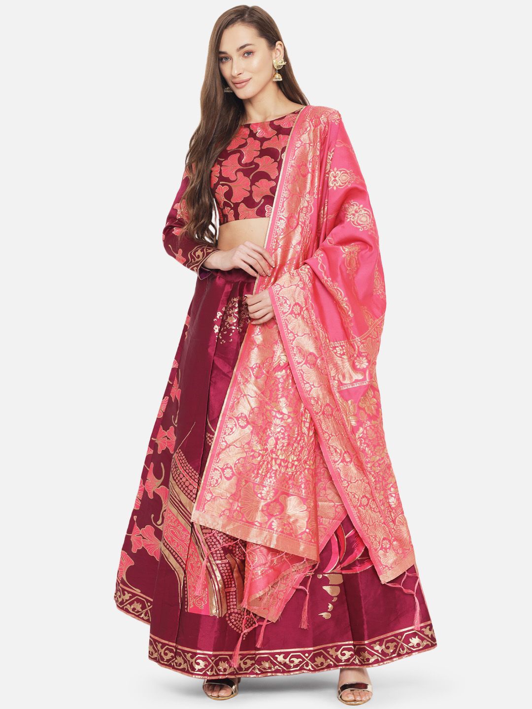 KAZIA Floral Foil Print Semi-Stitched Lehenga & Unstitched Blouse With Dupatta, Maroon
KAZIA Floral Foil Print Semi-Stitched Lehenga & Unstitched Blouse With Dupatta, Maroon