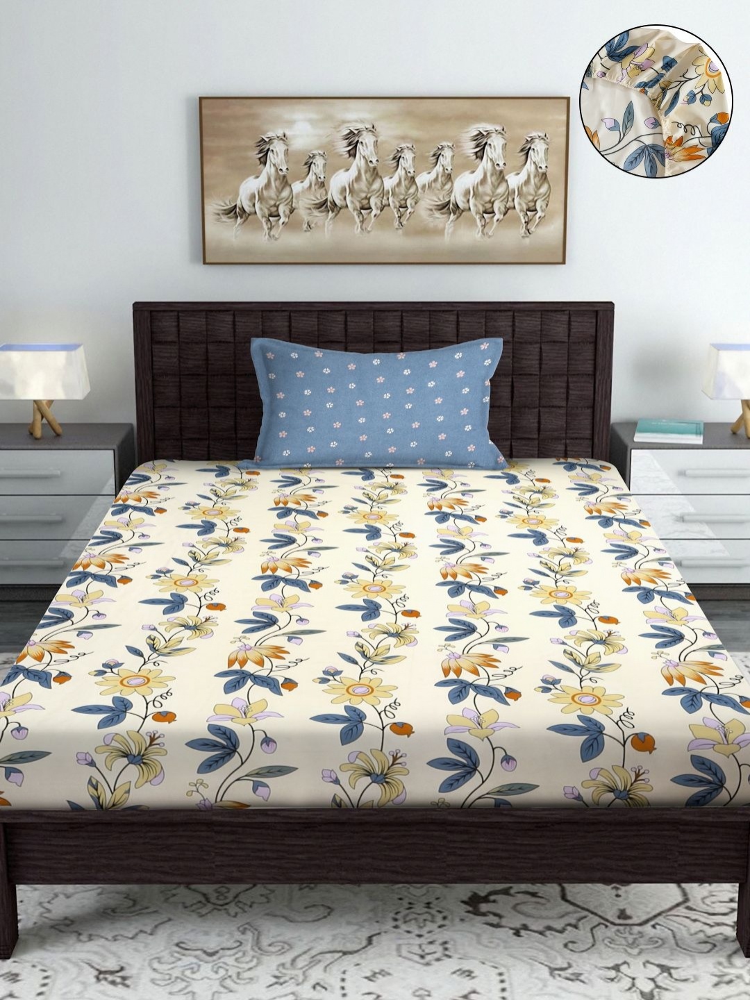 SOKNACK Cream & Blue Floral Printed 280 TC Fitted Single Bedsheet With 1 Pillow Cover
SOKNACK Cream & Blue Floral Printed 280 TC Fitted Single Bedsheet With 1 Pillow Cover