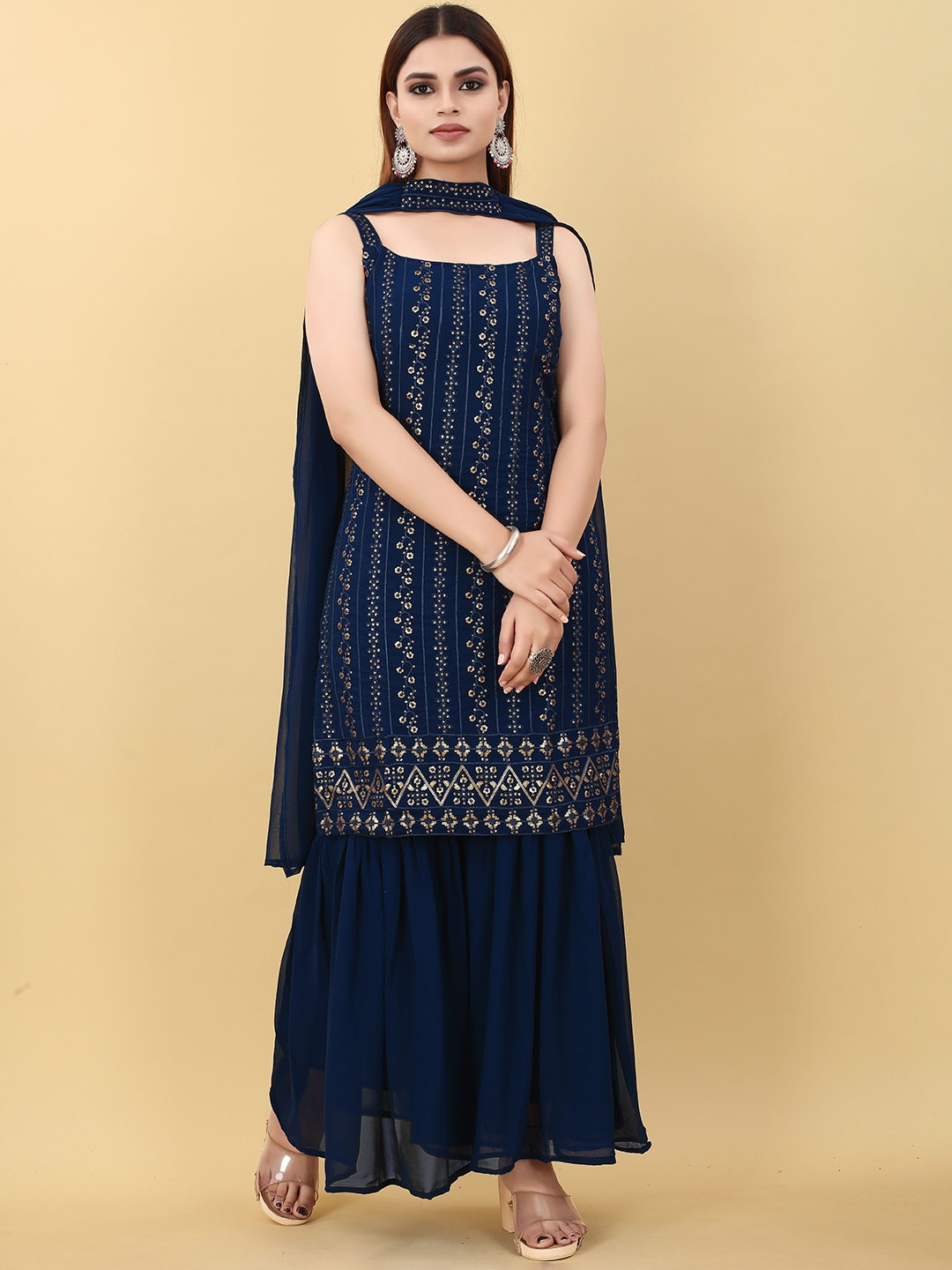 Sashay Boutique Striped Embroidered Georgette Straight Kurta With Sharara & Dupatta, Navy blue
Sashay Boutique Striped Embroidered Georgette Straight Kurta With Sharara & Dupatta, Navy blue