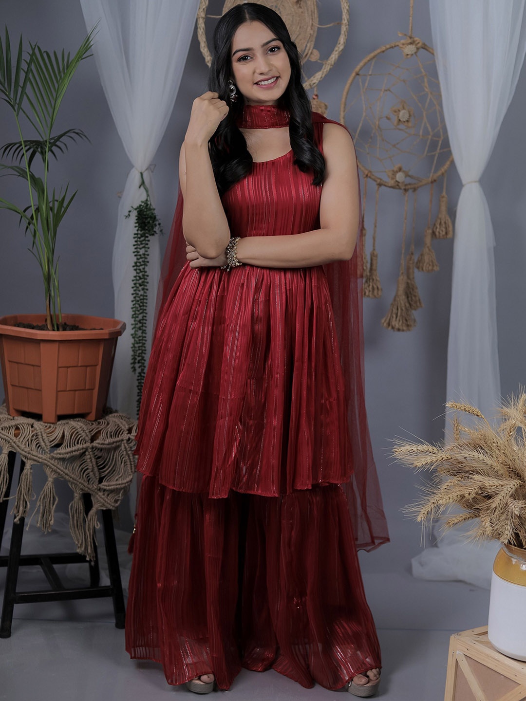 Sashay Boutique Striped Silk Georgette Anarkali Kurta With Sharara & Dupatta, Maroon
Sashay Boutique Striped Silk Georgette Anarkali Kurta With Sharara & Dupatta, Maroon