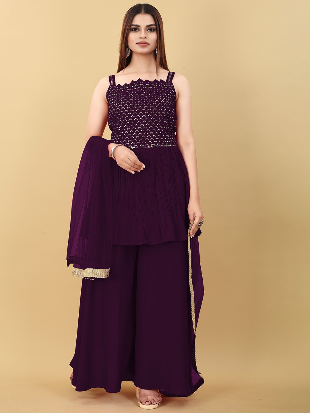 Sashay Boutique Geometric Yoke Design Sequinned Anarkali Kurta With Sharara & Dupatta, Purple
Sashay Boutique Geometric Yoke Design Sequinned Anarkali Kurta With Sharara & Dupatta, Purple