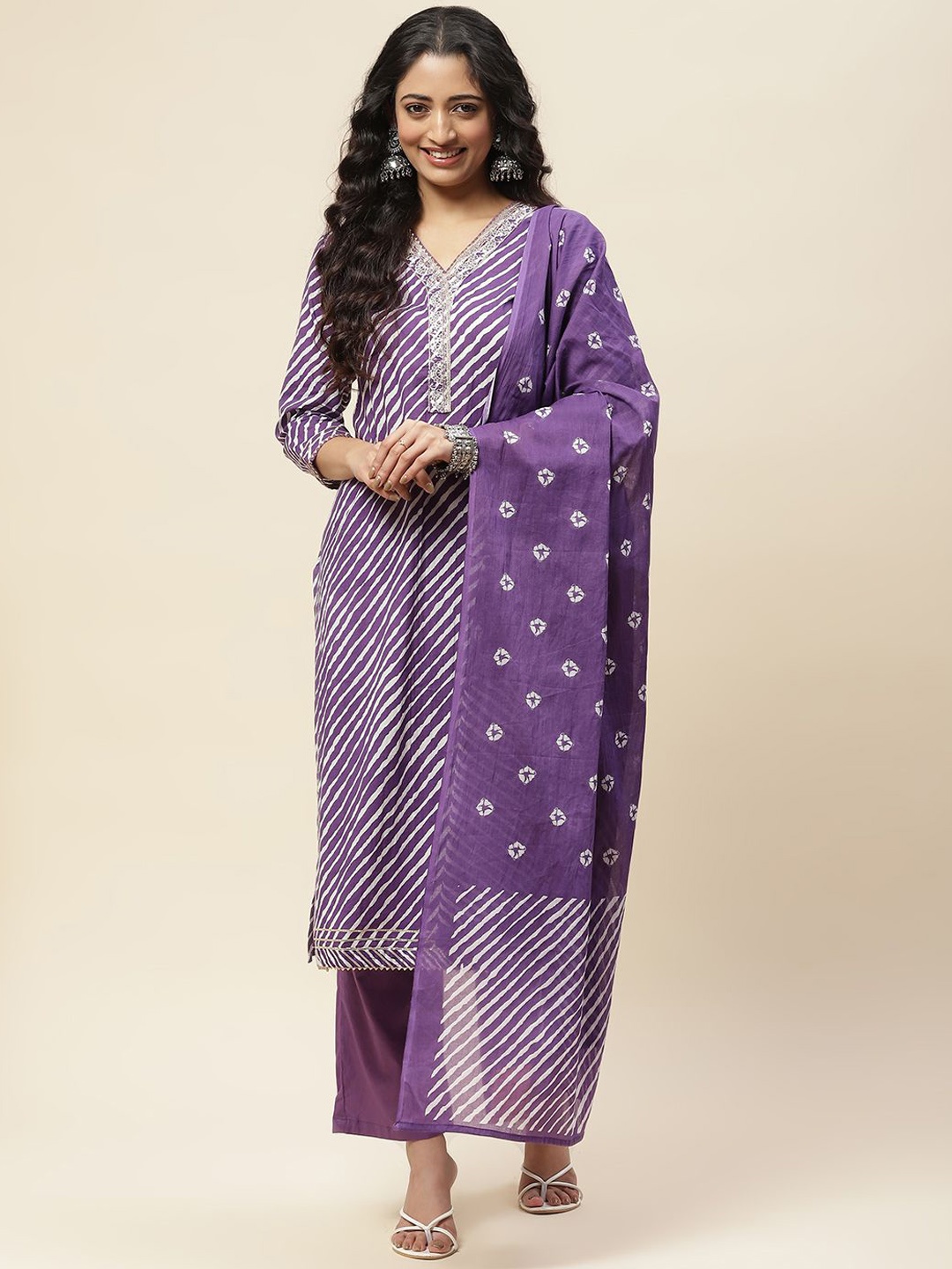 Meena Bazaar Leheriya Printed V Neck Straight Kurta With Trousers & Dupatta, Purple
Meena Bazaar Leheriya Printed V Neck Straight Kurta With Trousers & Dupatta, Purple