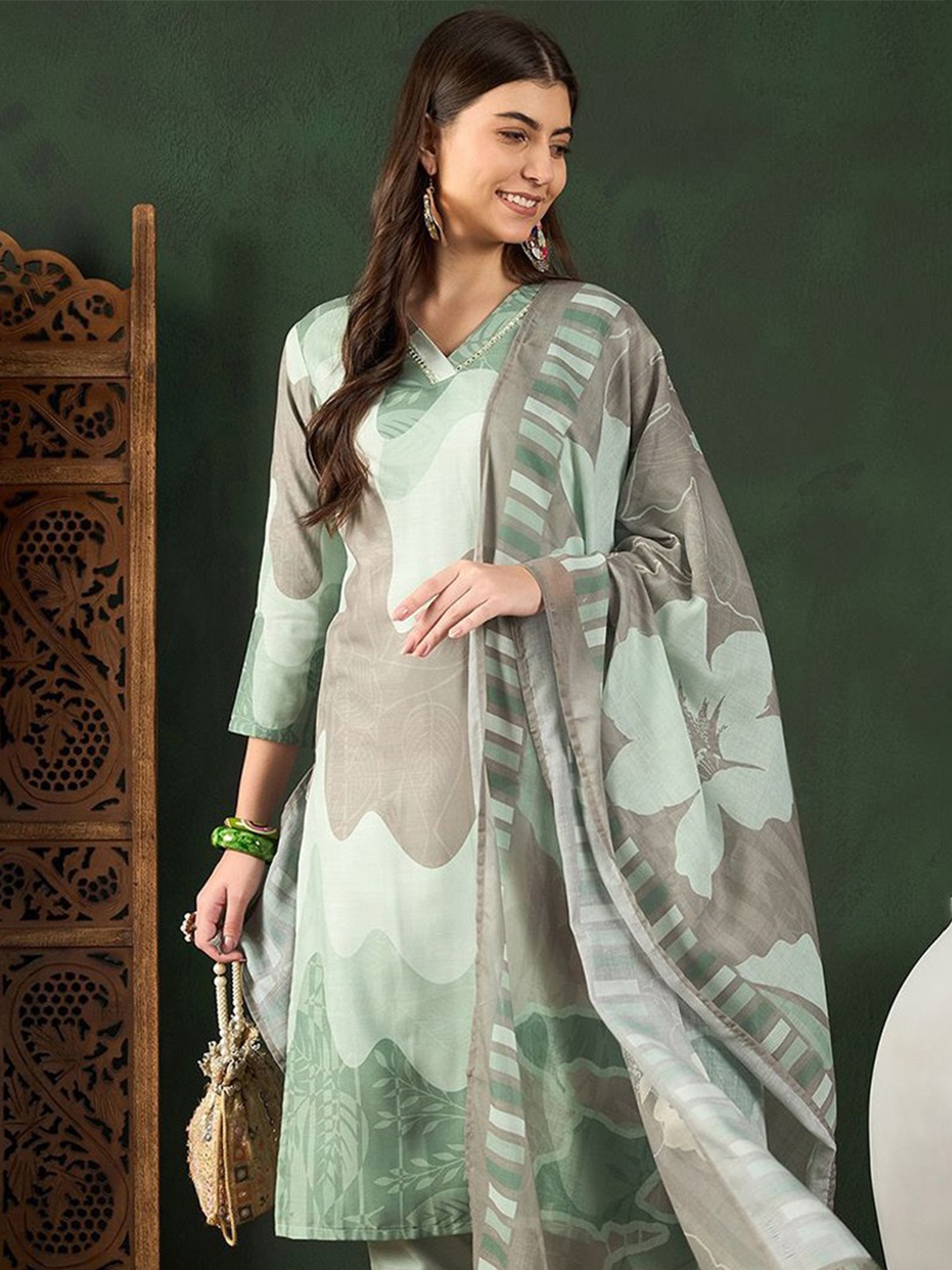 AHIKA Floral Printed Mirror Work V-Neck Straight Kurta With Trousers & Dupatta, Green
AHIKA Floral Printed Mirror Work V-Neck Straight Kurta With Trousers & Dupatta, Green