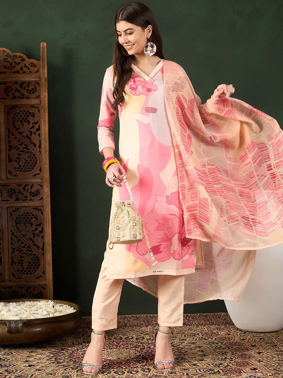 AHIKA Floral Printed Mirror Work V-Neck Straight Kurta With Trouser And Dupatta, Cream
AHIKA Floral Printed Mirror Work V-Neck Straight Kurta With Trouser And Dupatta, Cream
