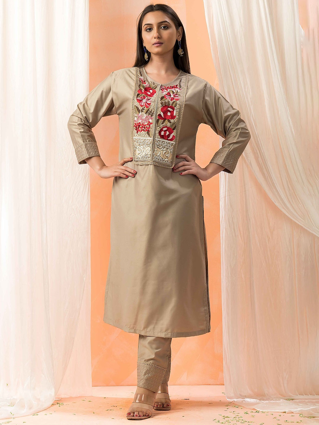 SACRED SUTA Floral Embroidered Round Neck Sequinned Straight Kurta With Trousers, Beige
SACRED SUTA Floral Embroidered Round Neck Sequinned Straight Kurta With Trousers, Beige