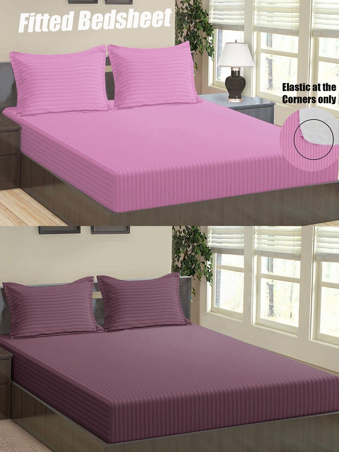 Aura Pink Striped 144 TC Microfiber Fitted 2 Double Queen Bedsheet & 4 Pillow Covers
Aura Pink Striped 144 TC Microfiber Fitted 2 Double Queen Bedsheet & 4 Pillow Covers