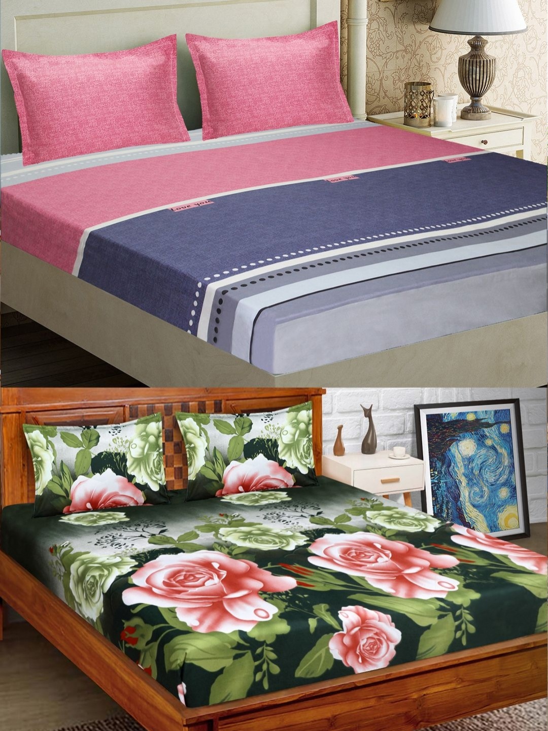 Aura Blue & Pink Floral Printed Microfiber 160TC 2 Queen Bedsheet With 4 Pillow Covers, Green
Aura Blue & Pink Floral Printed Microfiber 160TC 2 Queen Bedsheet With 4 Pillow Covers, Green