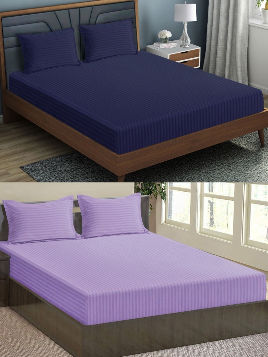 Aura Blue & Lavender Striped Microfiber 144 TC 2 Queen Fitted Bedsheets & 4 Pillow Covers
Aura Blue & Lavender Striped Microfiber 144 TC 2 Queen Fitted Bedsheets & 4 Pillow Covers