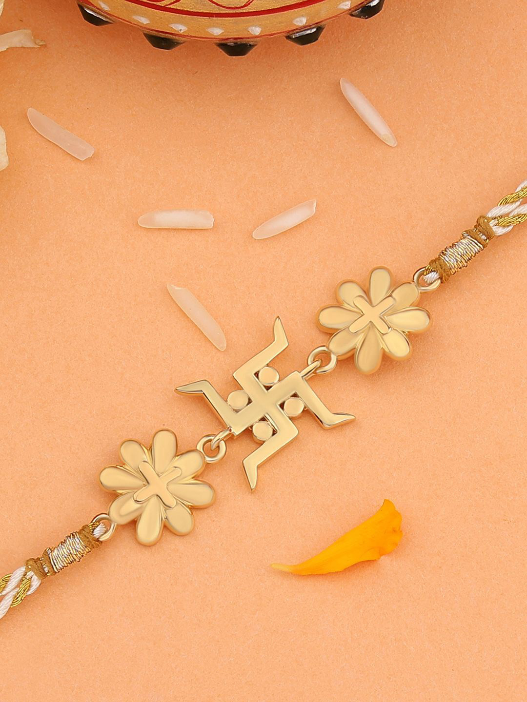 Ornate Jewels 925 Silver 18K Gold Plated Swastik Charm Thread Rakhi With Roli Chawal
Ornate Jewels 925 Silver 18K Gold Plated Swastik Charm Thread Rakhi With Roli Chawal