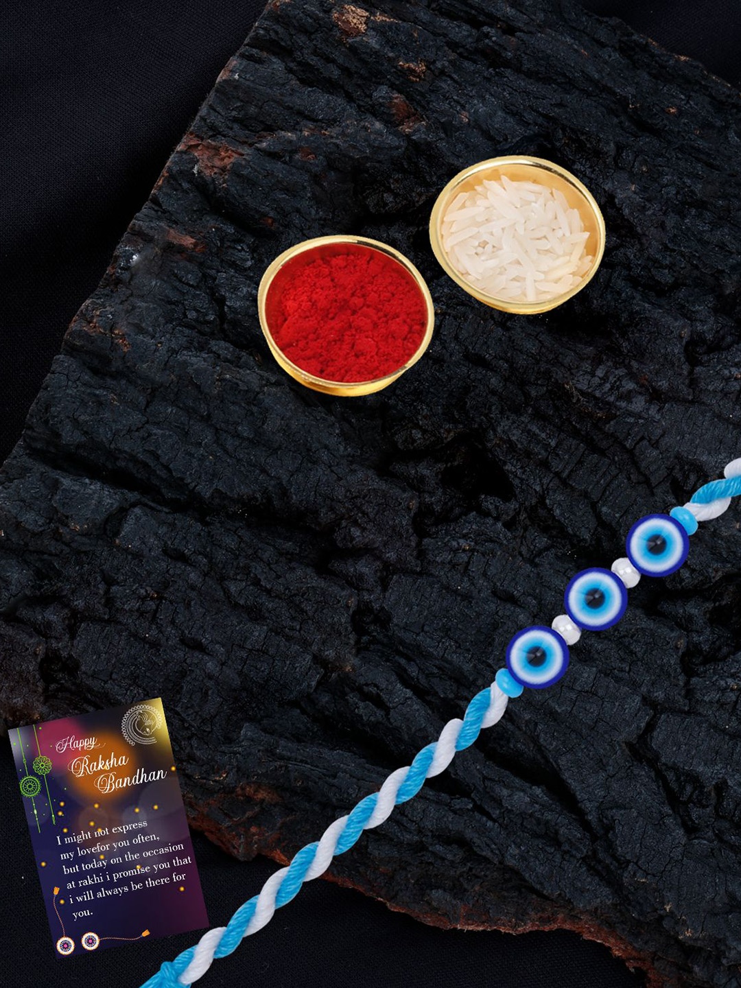 Silver Shine Set of 3 Evil Eye Beaded Thread Rakhis With Pooja Thali & Roli Chawal, Gold
Silver Shine Set of 3 Evil Eye Beaded Thread Rakhis With Pooja Thali & Roli Chawal, Gold