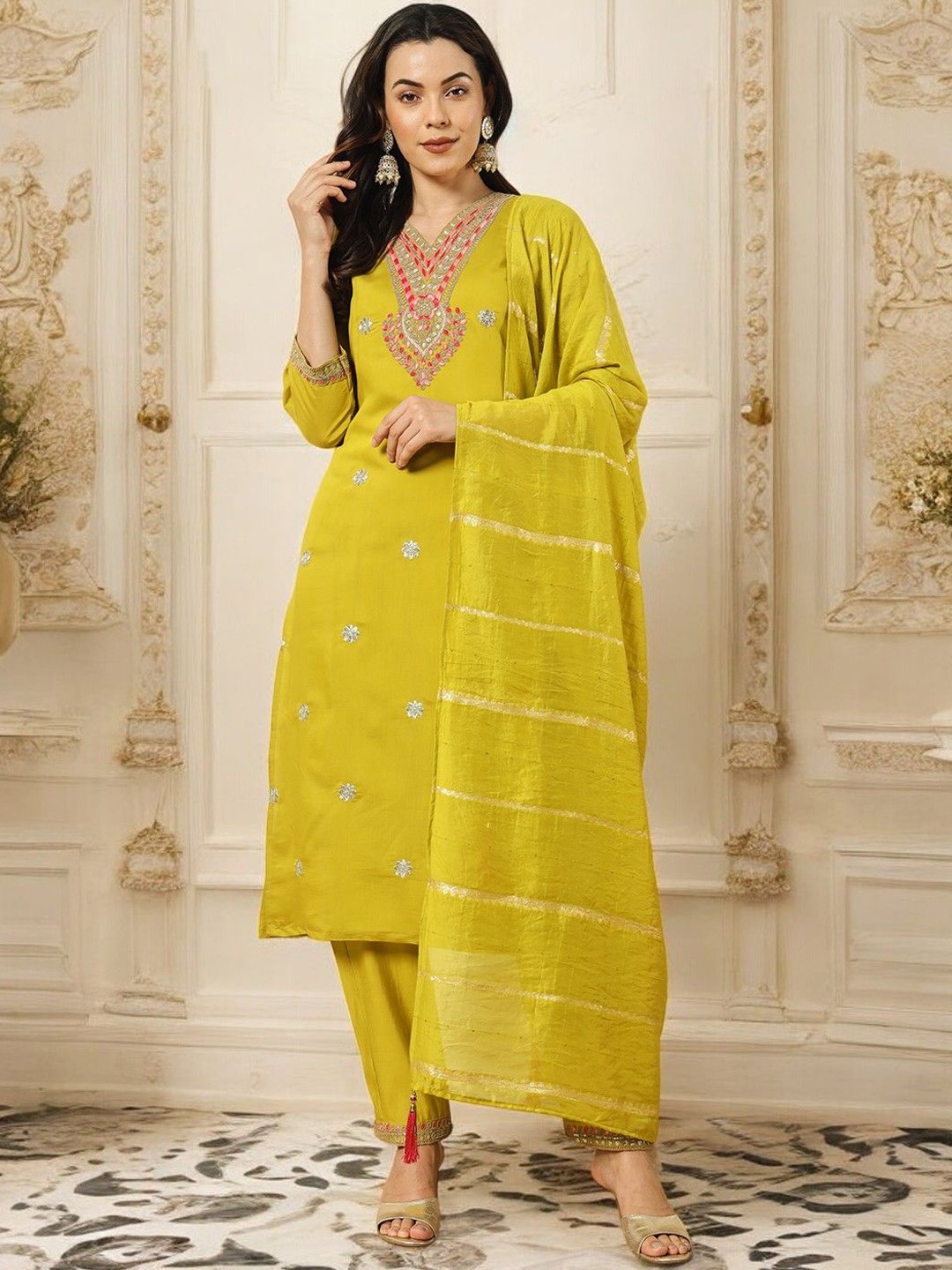 BHUMIKA CREATION Floral Embroidered Raw Silk Straight Kurta with Trousers & Dupatta, Lime green
BHUMIKA CREATION Floral Embroidered Raw Silk Straight Kurta with Trousers & Dupatta, Lime green