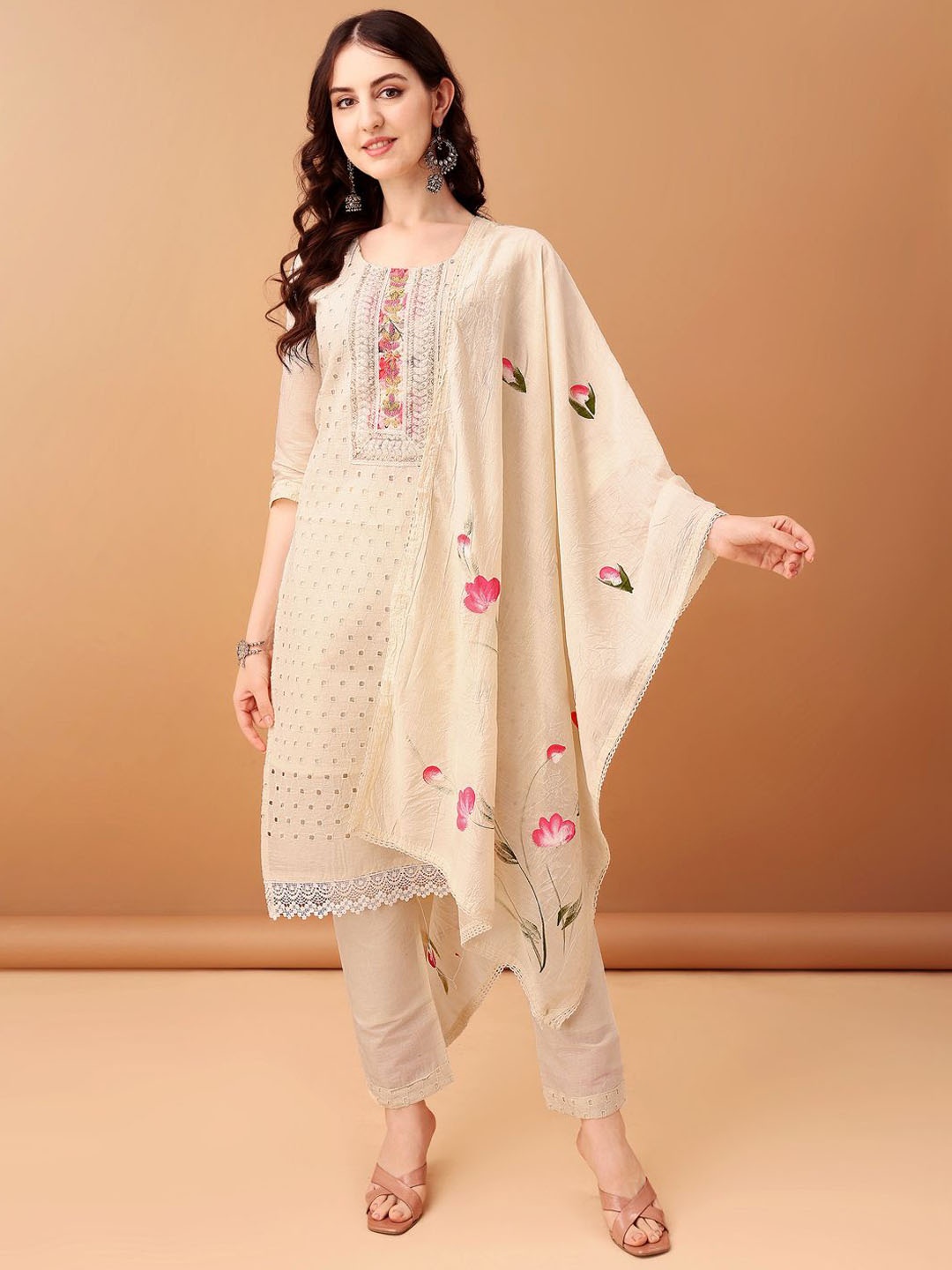 KALINI Floral Embroidered Sequinned Pure Cotton Straight Kurta with Trousers & Dupatta, Cream
KALINI Floral Embroidered Sequinned Pure Cotton Straight Kurta with Trousers & Dupatta, Cream