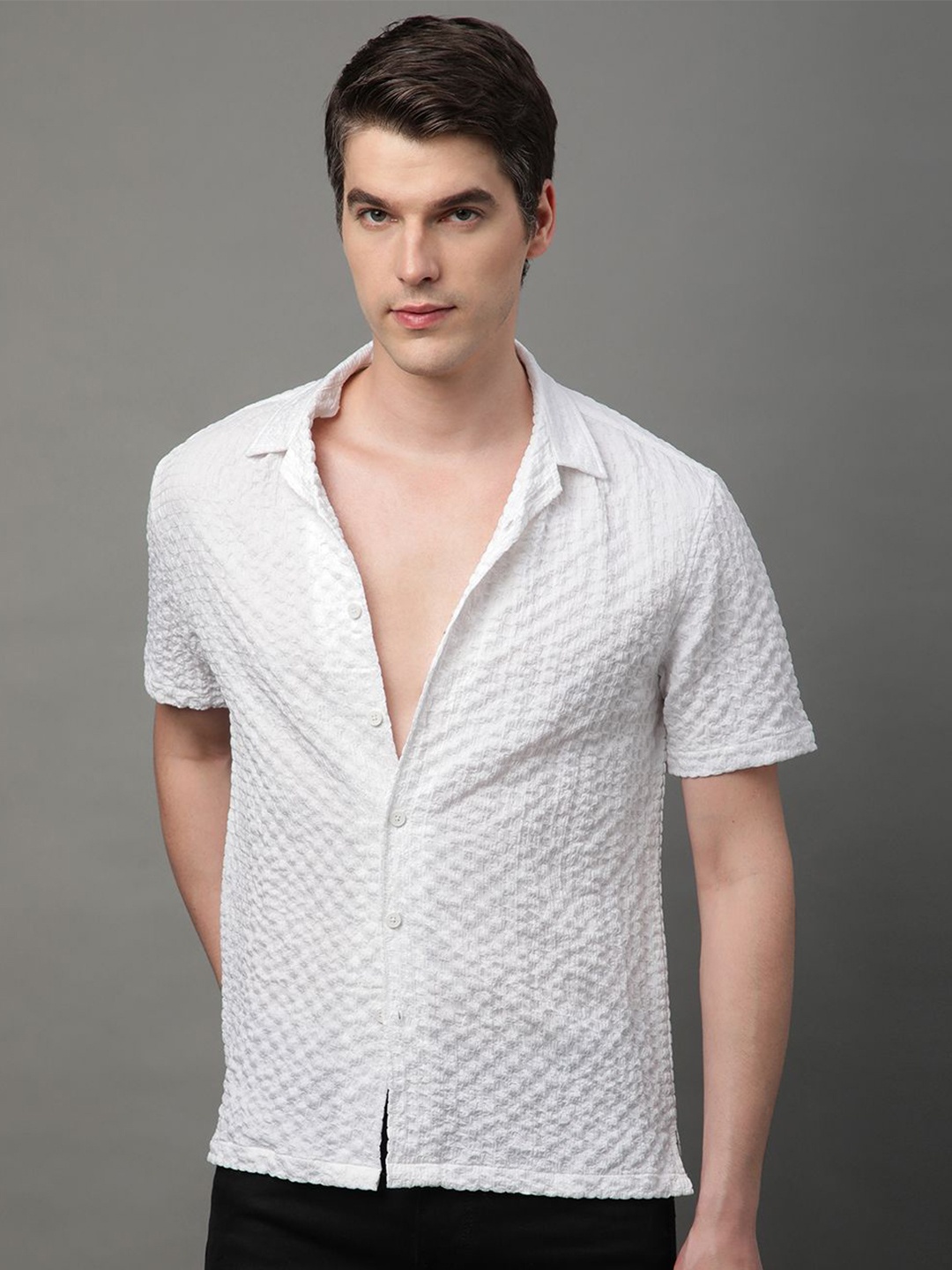 Voroxy Men Smart Cuban Collar Textured Solid Polycotton Casual Shirt, White
Voroxy Men Smart Cuban Collar Textured Solid Polycotton Casual Shirt, White