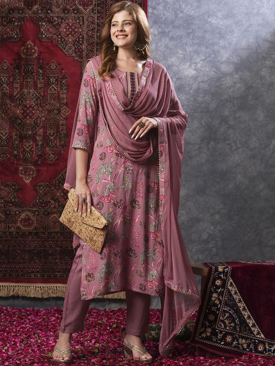 Anni Designer Floral Printed Straight Thread Work Kurta with Trousers & Dupatta, Mauve
Anni Designer Floral Printed Straight Thread Work Kurta with Trousers & Dupatta, Mauve