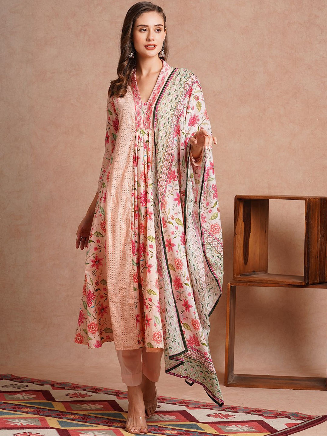FASHOR Floral Printed V-Neck Mirror Work Pure Cotton Kurta with Trousers & Dupatta, Peach
FASHOR Floral Printed V-Neck Mirror Work Pure Cotton Kurta with Trousers & Dupatta, Peach