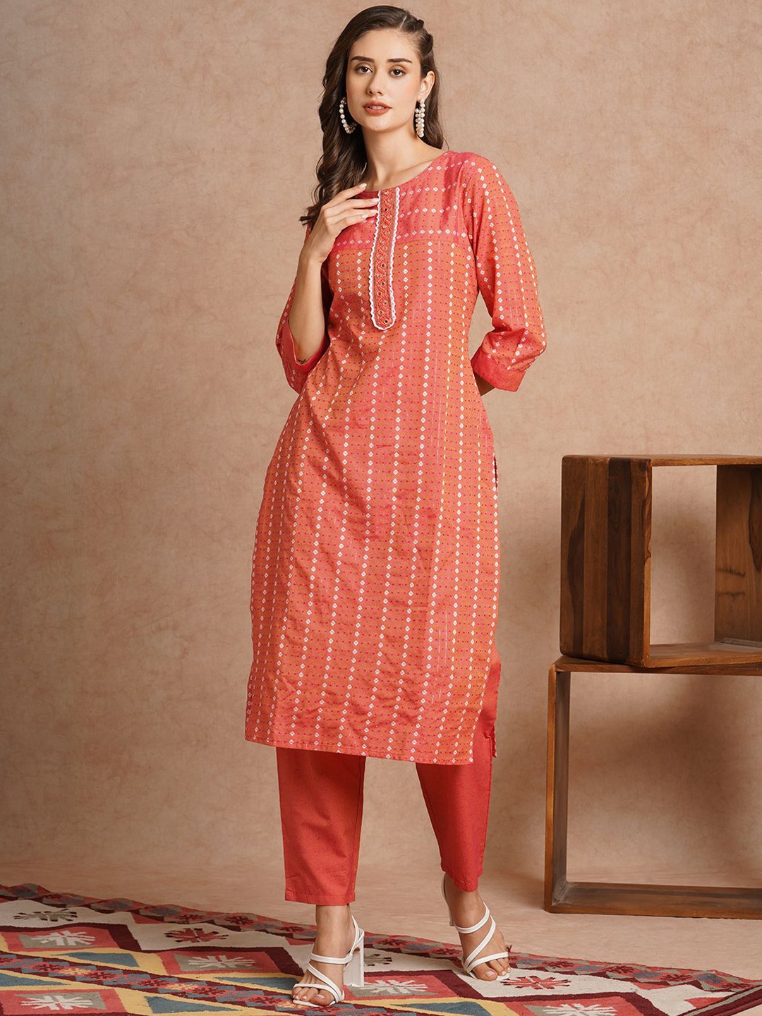 FASHOR Ethnic Motifs Embroidered Mirror Work Pure Cotton Straight Kurta with Trousers, Peach
FASHOR Ethnic Motifs Embroidered Mirror Work Pure Cotton Straight Kurta with Trousers, Peach