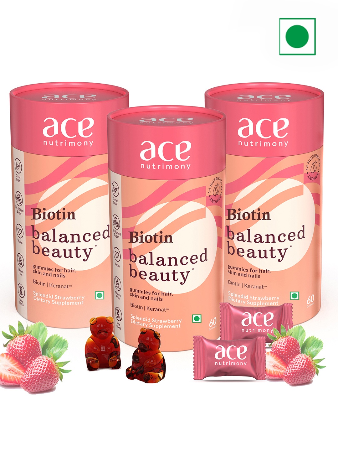 Ace Nutrimony 3Pcs Gummies For Hair Growth - Splendid Strawberry - 60 Gummies Each, Red
Ace Nutrimony 3Pcs Gummies For Hair Growth - Splendid Strawberry - 60 Gummies Each, Red