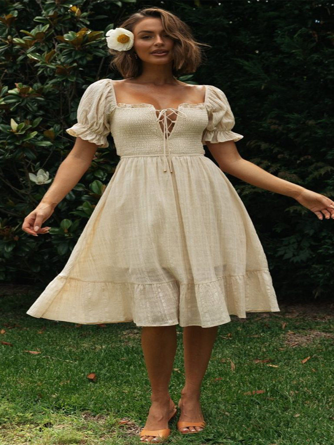 StyleCast Women Square Neck Flutter Sleeve Fit and Flare Dress, Beige 
StyleCast Women Square Neck Flutter Sleeve Fit and Flare Dress, Beige