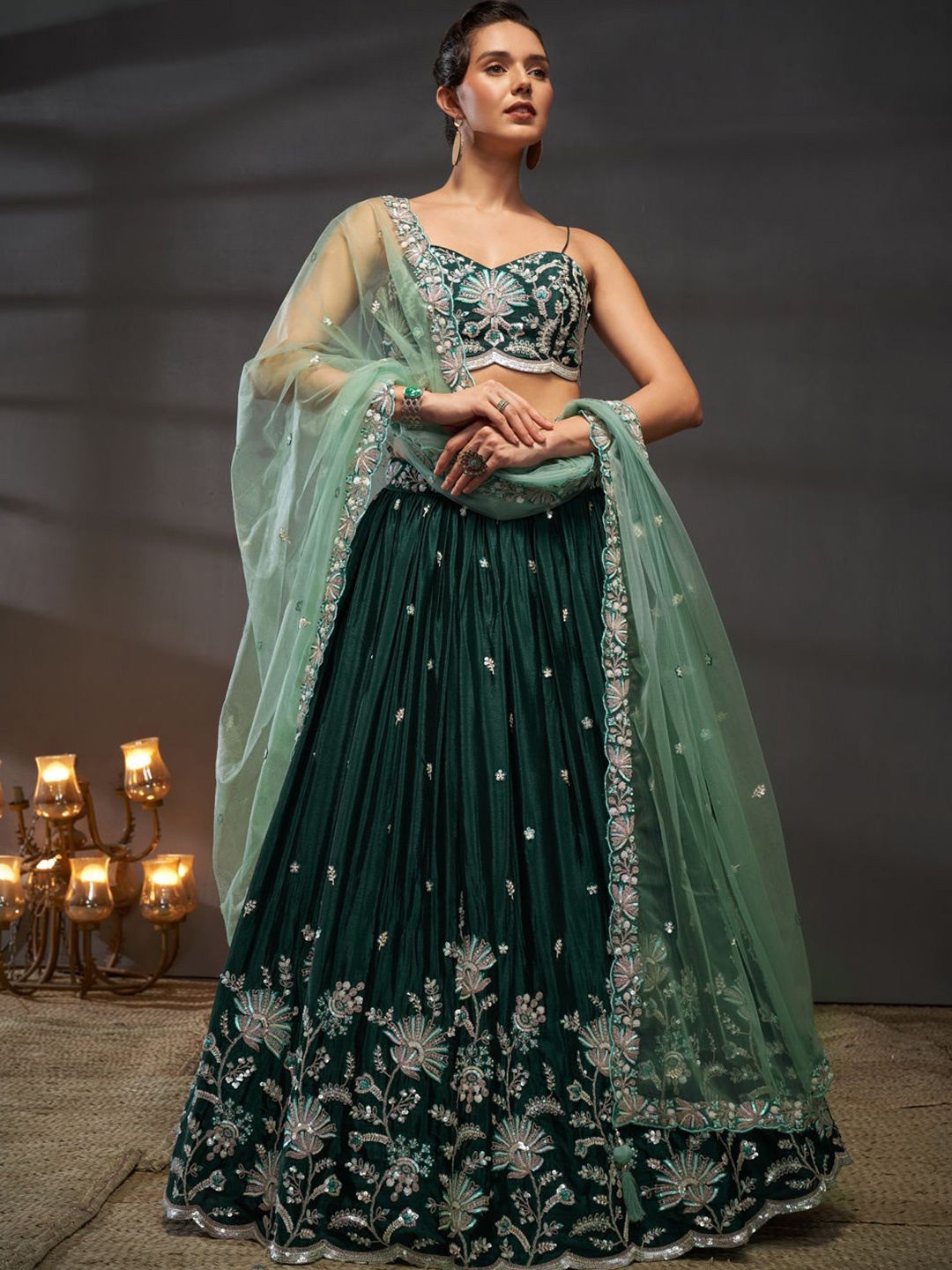panchhi Embroidered Sequinned Semi-Stitched Lehenga & Unstitched Blouse With Dupatta, Green
panchhi Embroidered Sequinned Semi-Stitched Lehenga & Unstitched Blouse With Dupatta, Green