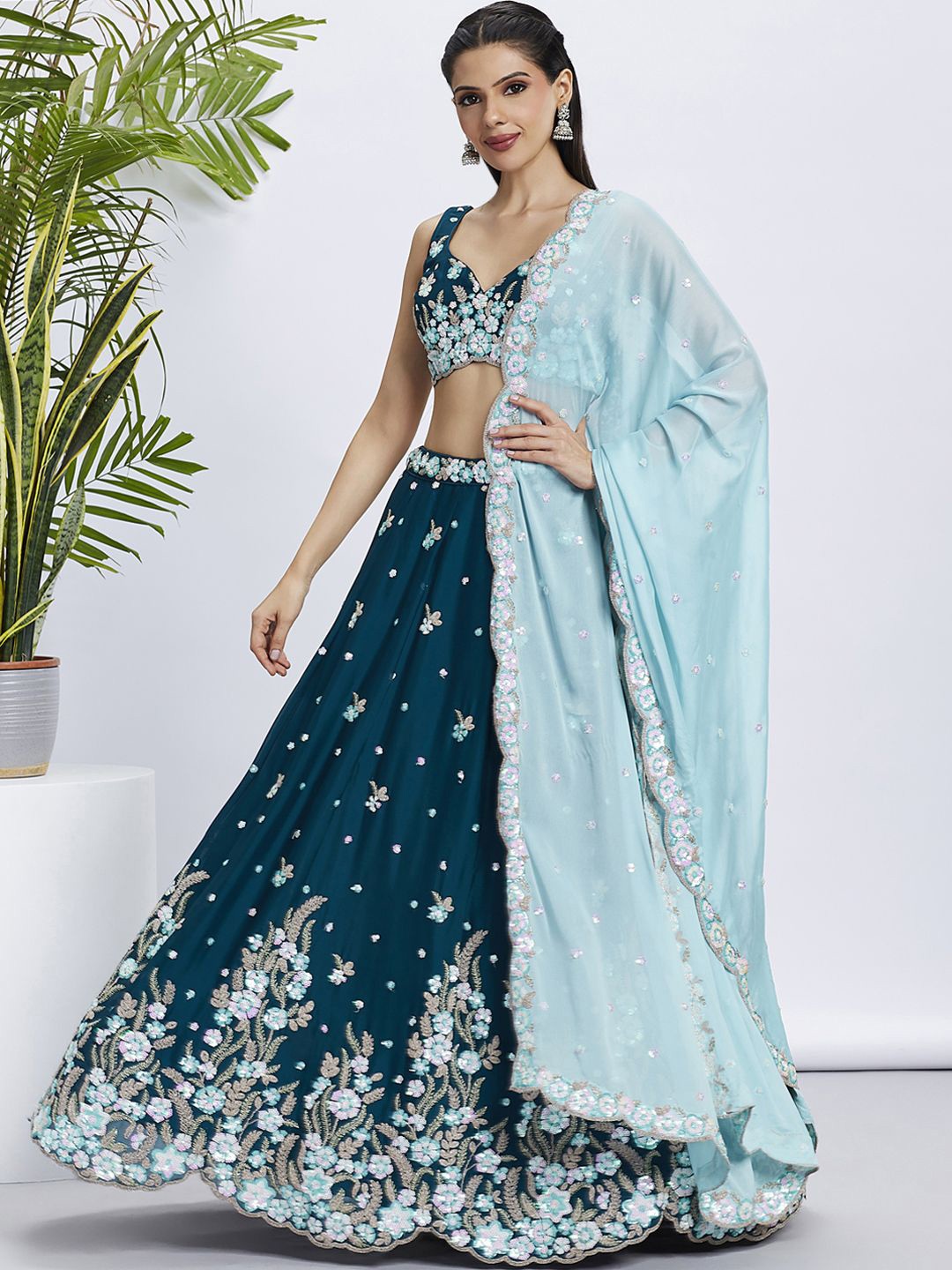 panchhi Embroidered Pure Grorgette Semi Stitched Lehenga & Unstitched Blouse With Dupatta, Teal
panchhi Embroidered Pure Grorgette Semi Stitched Lehenga & Unstitched Blouse With Dupatta, Teal