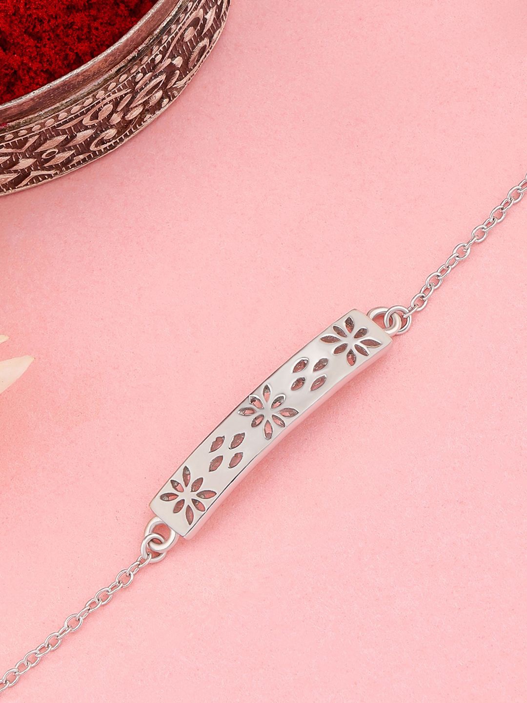 Ornate Jewels 925 Silver Floral Net Bracelet Rakhi With Roli Chawal & Greeting Card
Ornate Jewels 925 Silver Floral Net Bracelet Rakhi With Roli Chawal & Greeting Card
