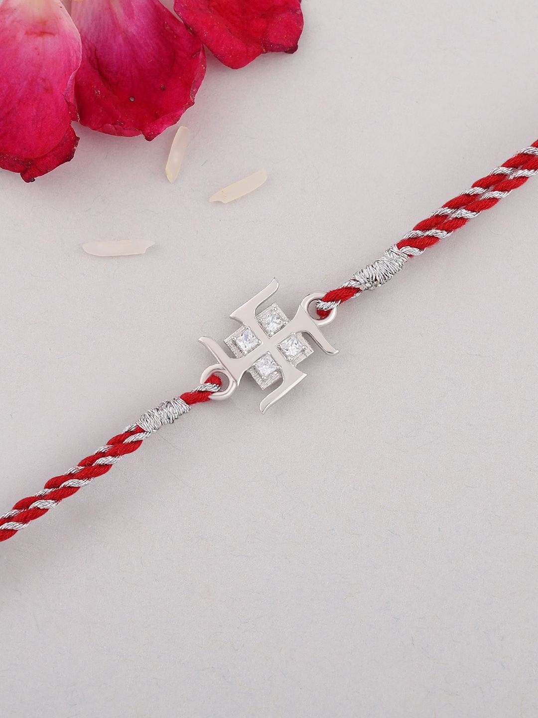 Ornate Jewels 925 Silver American Diamond Swastik Charm Thread Rakhi With Roli Chawal
Ornate Jewels 925 Silver American Diamond Swastik Charm Thread Rakhi With Roli Chawal