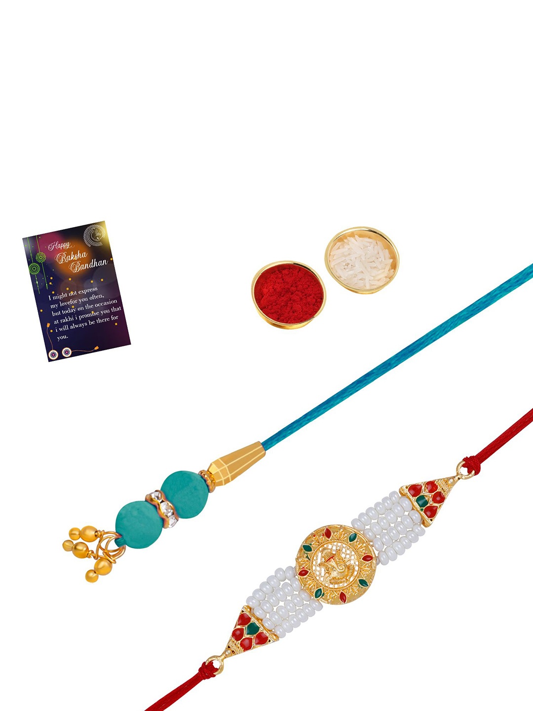 Silver Shine Set Of 2 Beaded Lumba and Thread Rakhis With Roli Chawal & Greeting Card, Gold
Silver Shine Set Of 2 Beaded Lumba and Thread Rakhis With Roli Chawal & Greeting Card, Gold