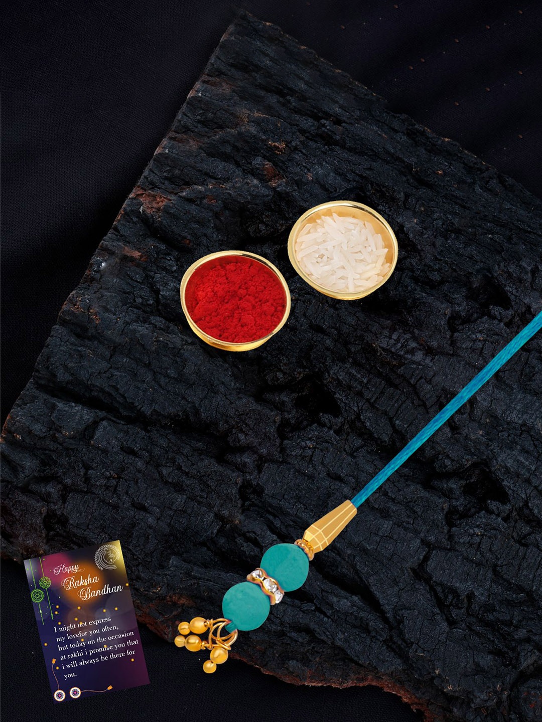 Silver Shine Set Of 2 Beaded Lumba and Thread Rakhis With Roli Chawal & Greeting Card, Gold
Silver Shine Set Of 2 Beaded Lumba and Thread Rakhis With Roli Chawal & Greeting Card, Gold